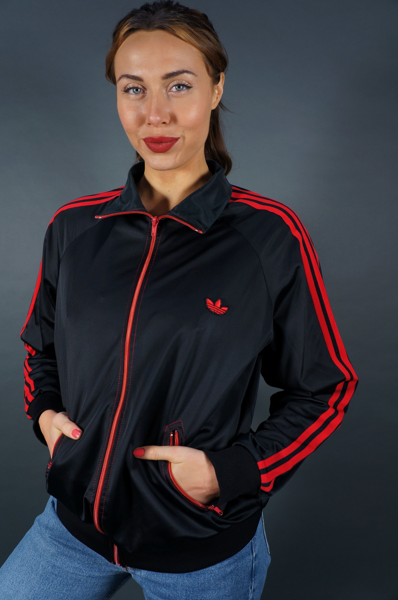 70er Adidas Trainingsjacke — Schwarz / Rot