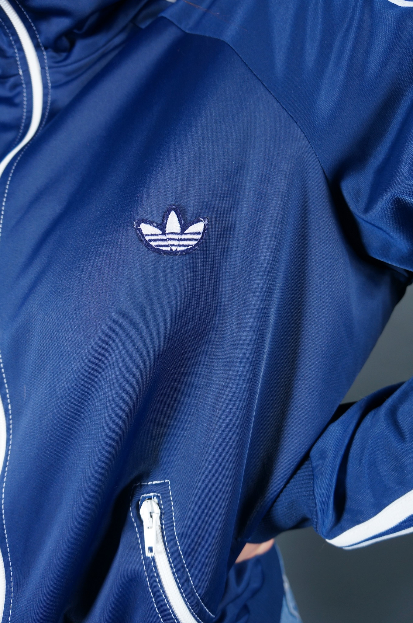 70er Adidas Trainingsjacke — Dunkelblau / Weiß