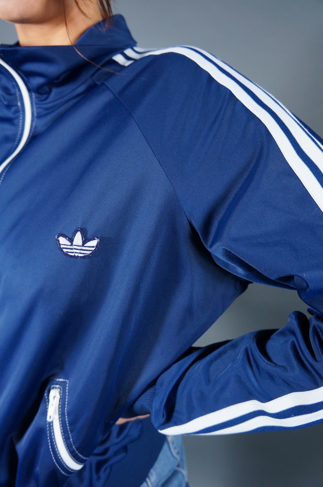70er Adidas Trainingsjacke — Dunkelblau / Weiß
