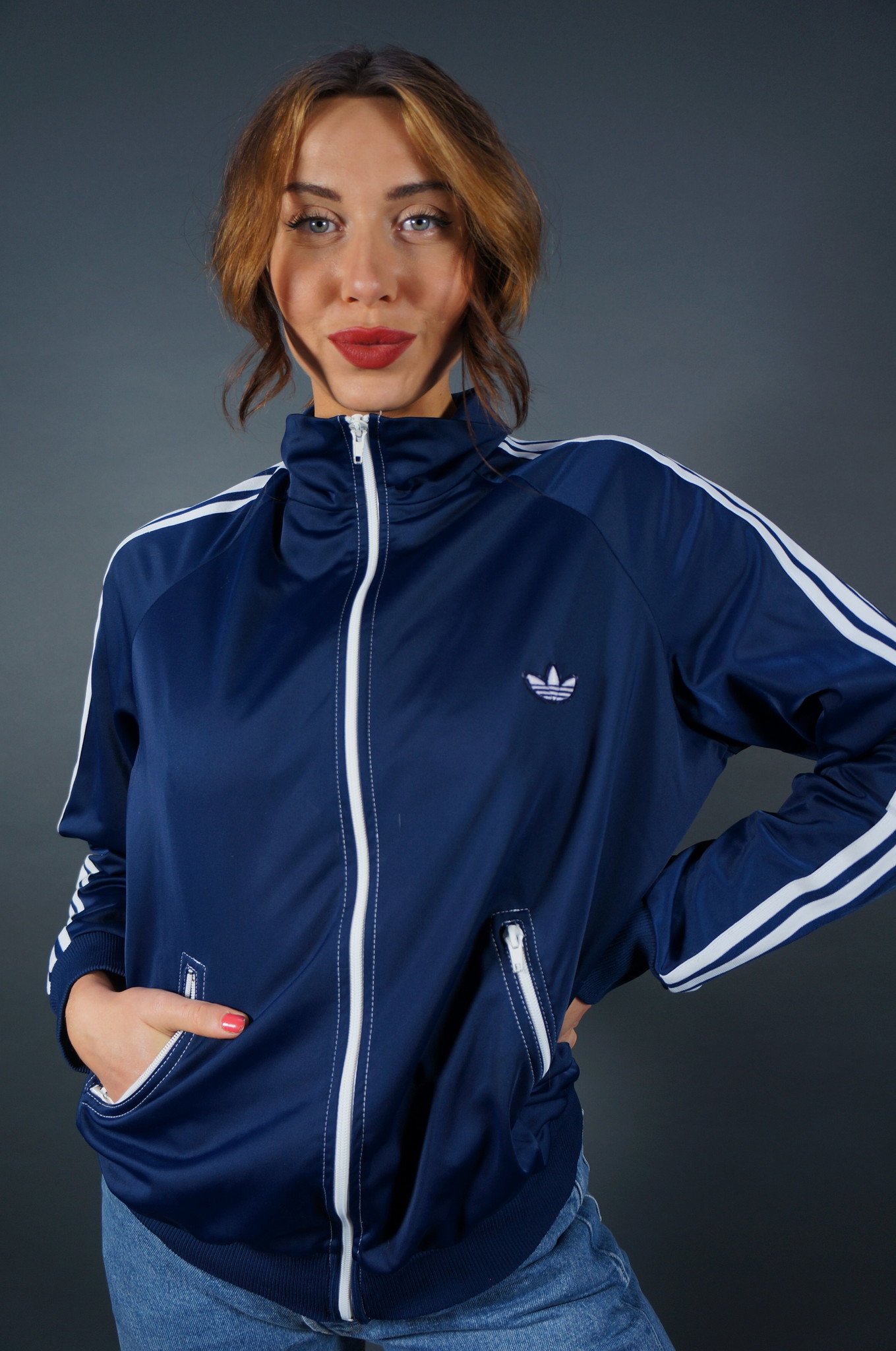 70er Adidas Trainingsjacke — Dunkelblau / Weiß