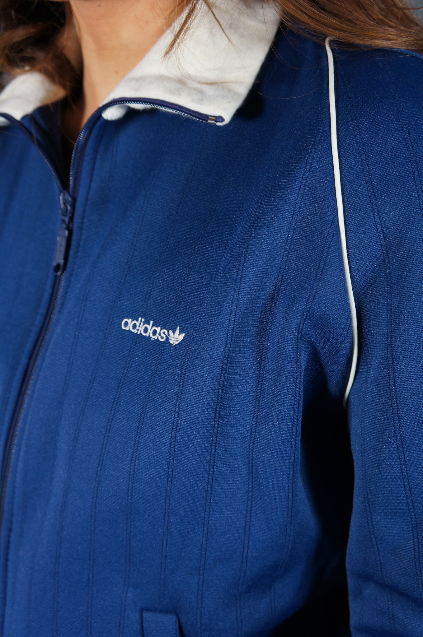 70er Adidas Dunkelblau & Beige Trainingsjacke — M