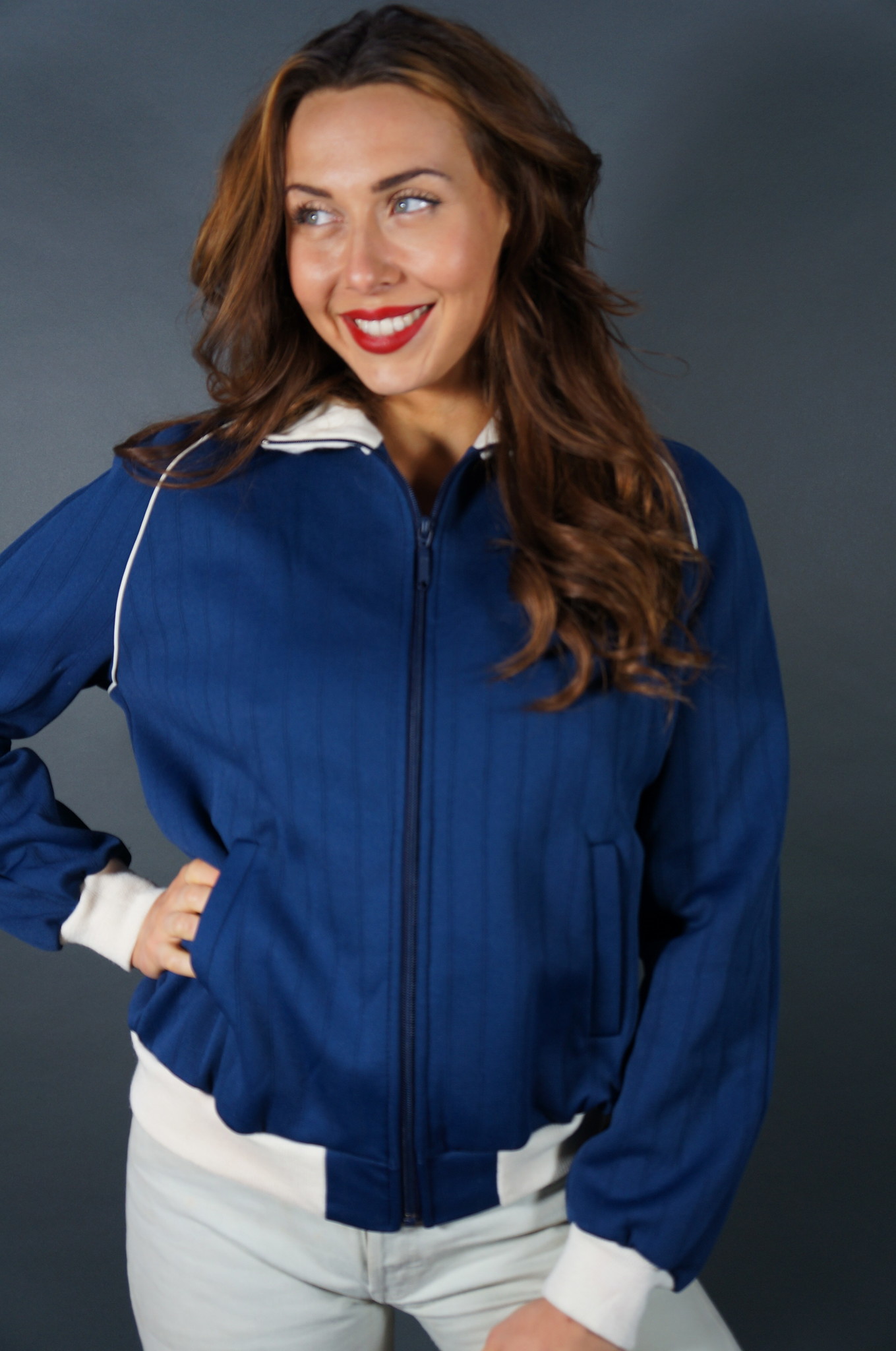70er Adidas Dunkelblau & Beige Trainingsjacke — M