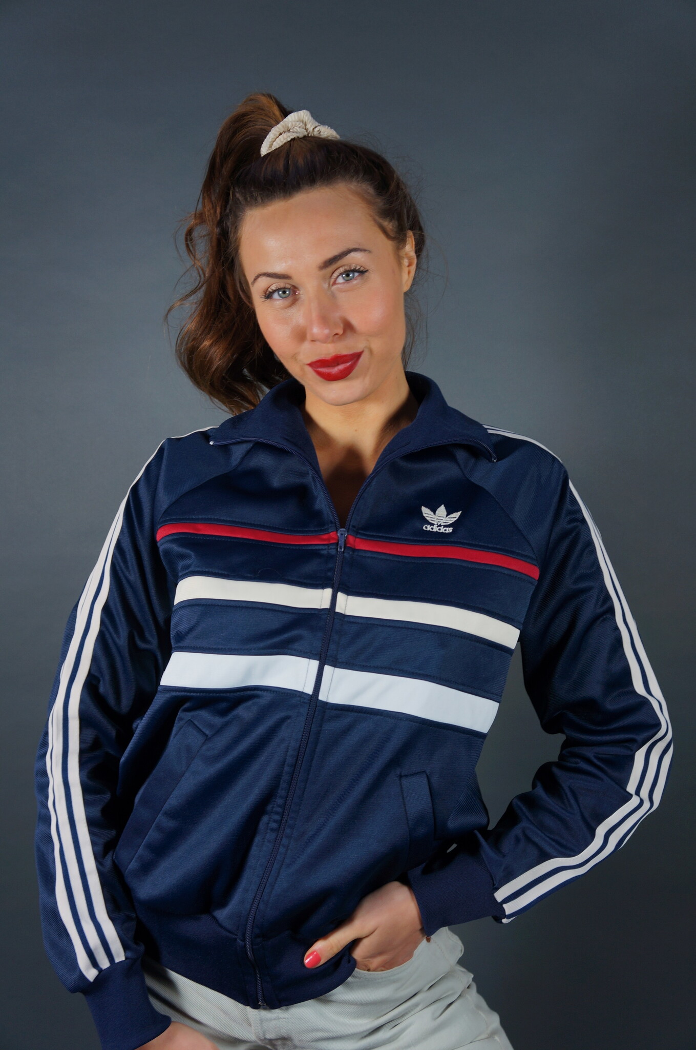 70er Adidas Trainingsjacke — Dunkelblau / Rot / Weiß