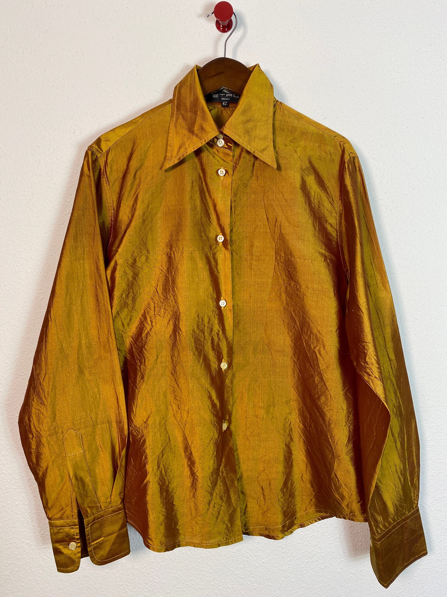 Etro zijden blouse iriserend goud, maatlabel 42
