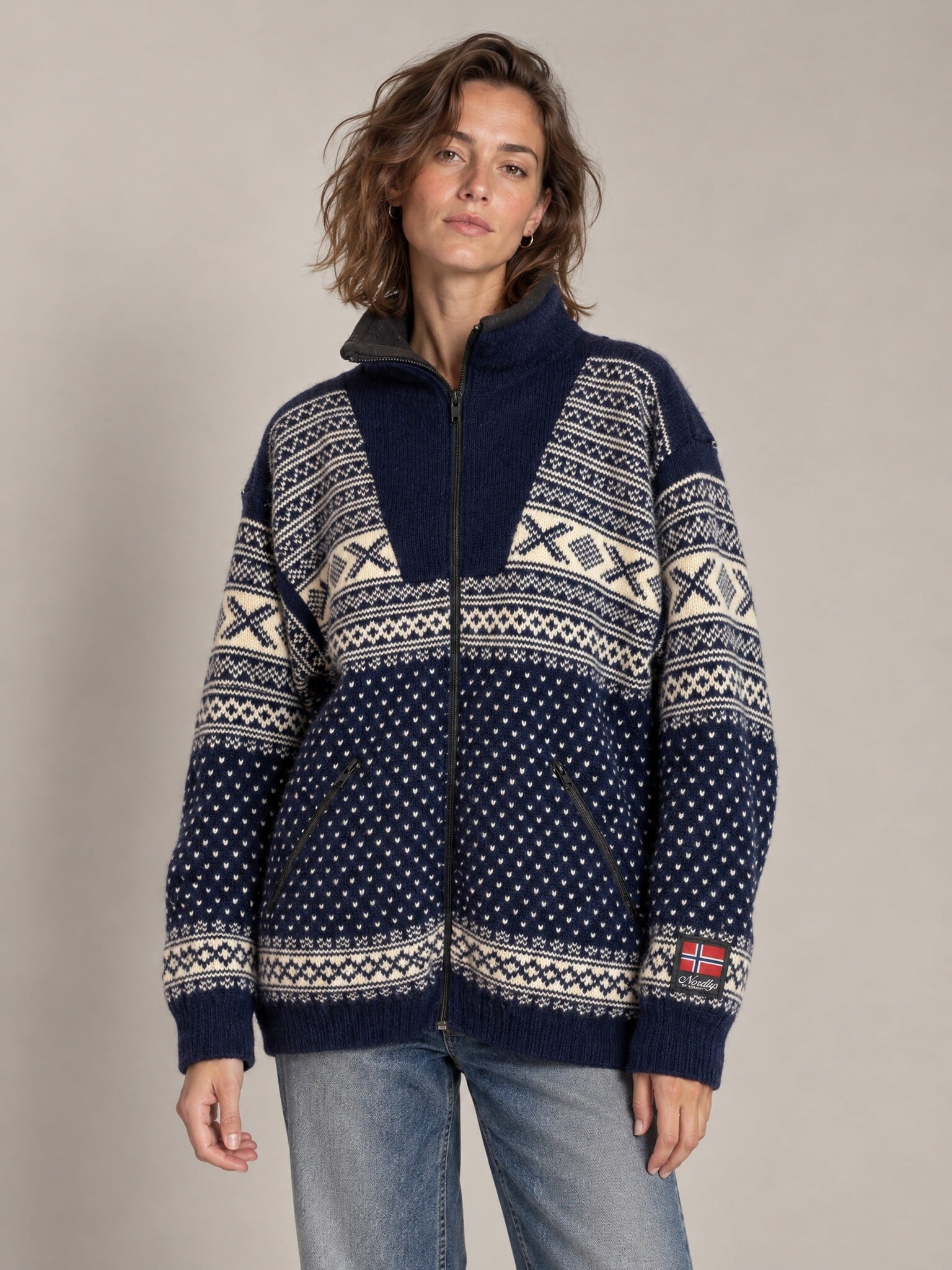 Nordlys of Norway wollen vest Noors patroon marineblauw