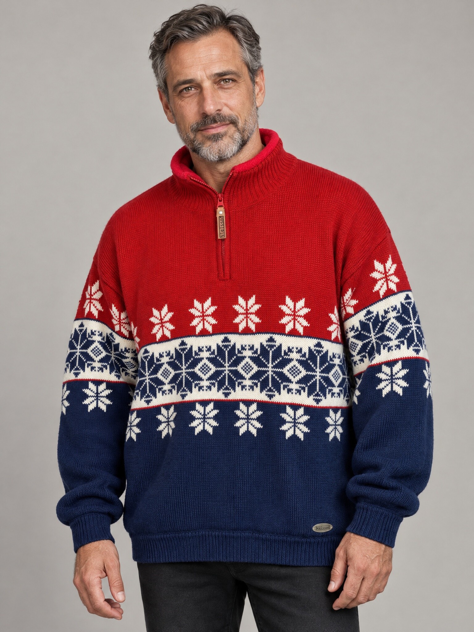 Nielsson vintage halfzip trui sneeuwvlokken rood blauw