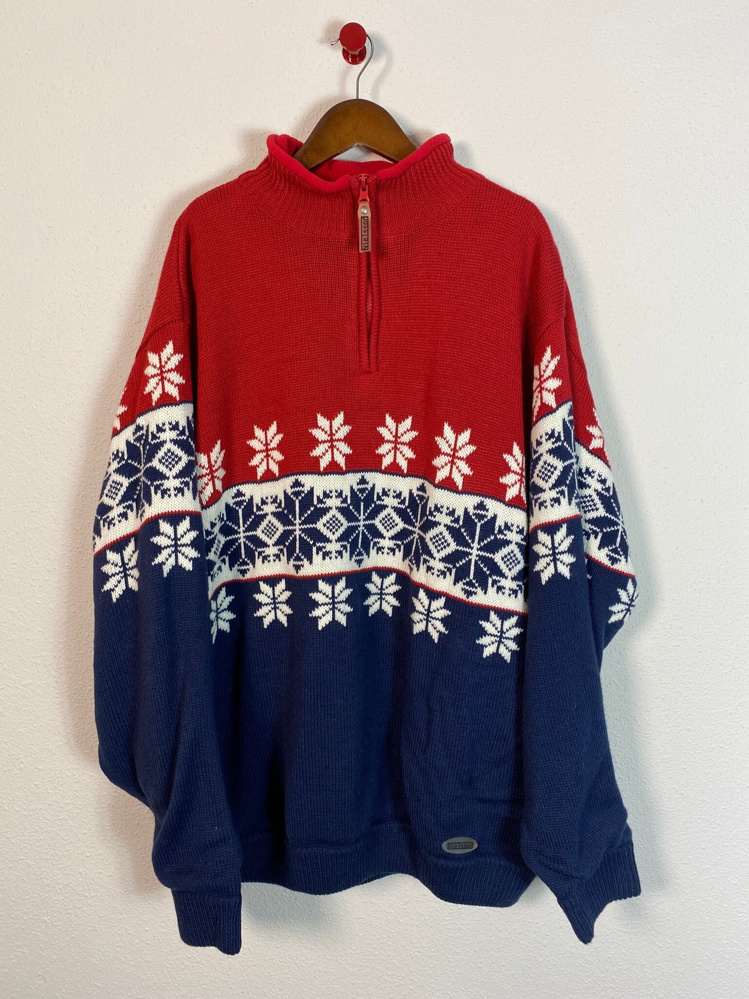 Nielsson vintage halfzip trui sneeuwvlokken rood blauw