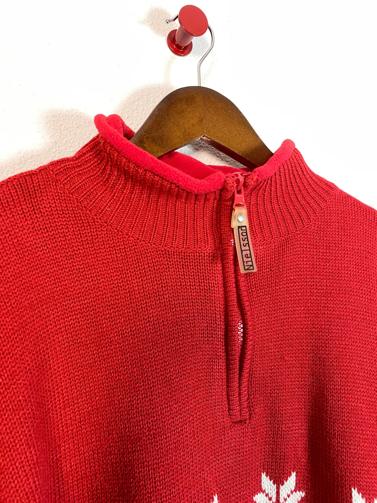 Nielsson vintage halfzip trui sneeuwvlokken rood blauw