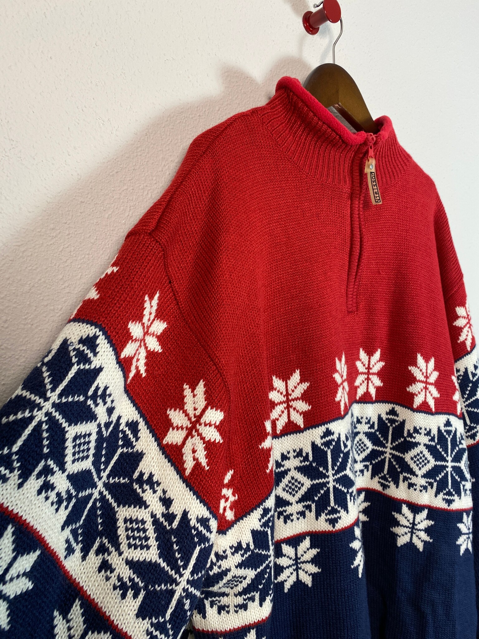 Nielsson vintage halfzip trui sneeuwvlokken rood blauw