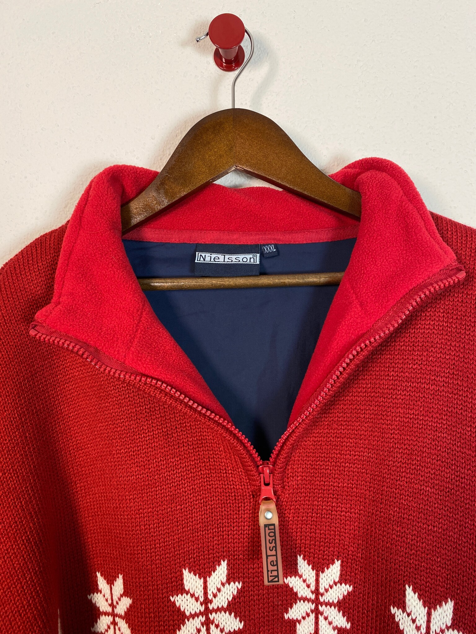 Nielsson vintage halfzip trui sneeuwvlokken rood blauw