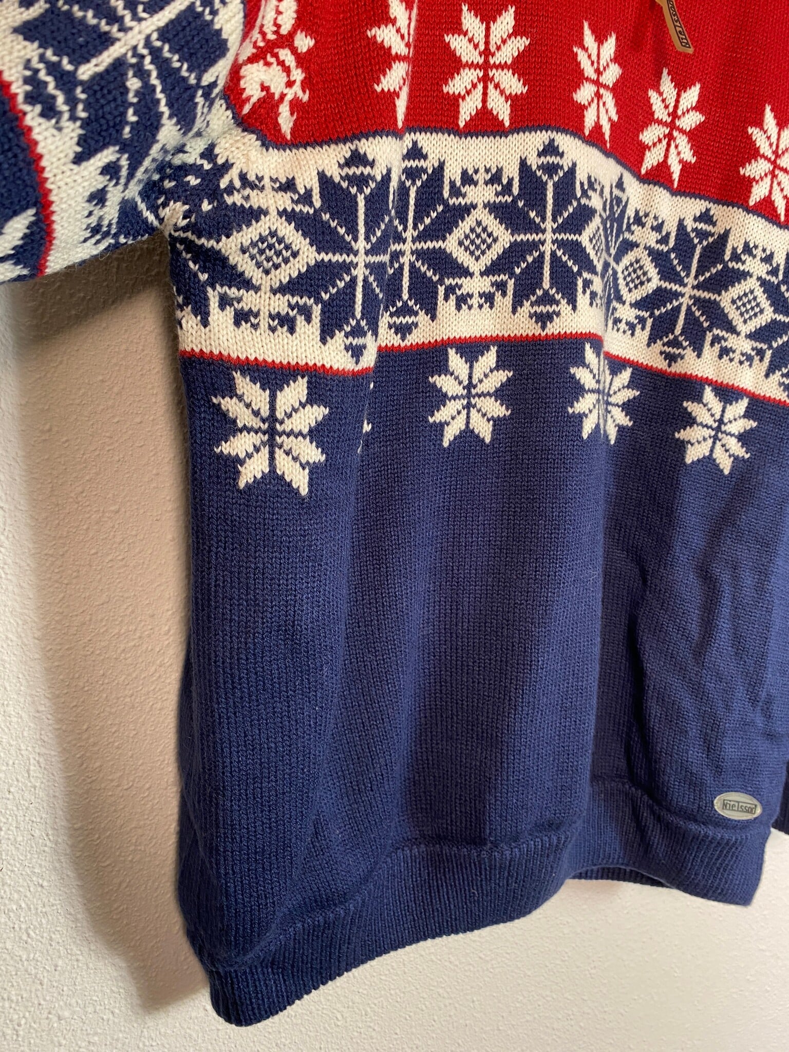 Nielsson vintage halfzip trui sneeuwvlokken rood blauw