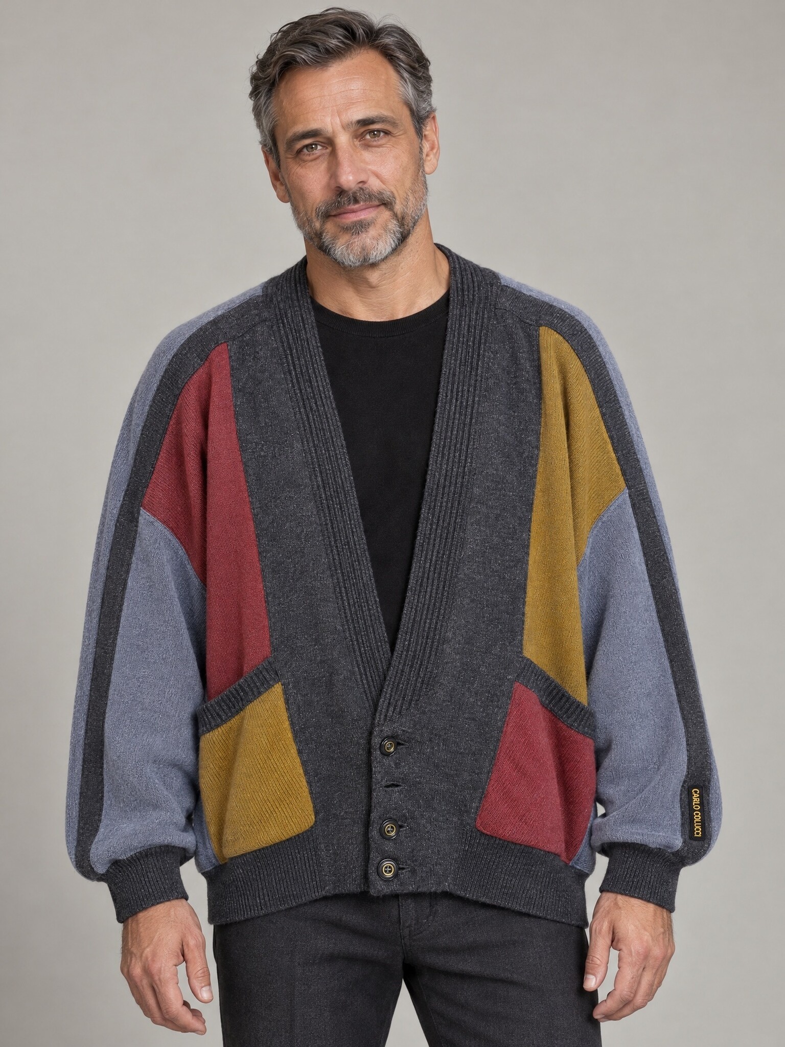 Carlo Colucci vintage colourblock vest grijs rood oker