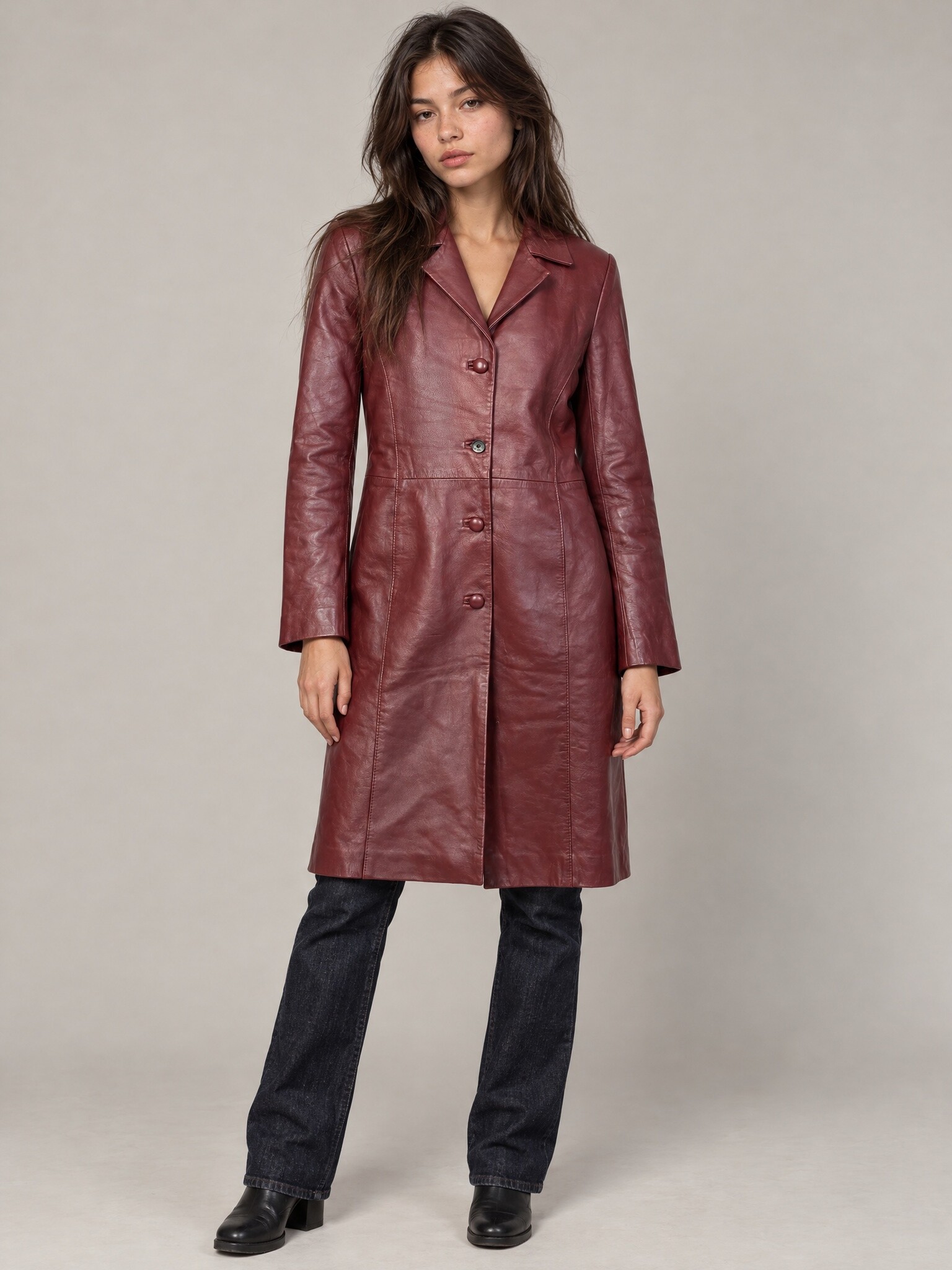 Giorgio Valentino lange leren mantel bordeaux maat S
