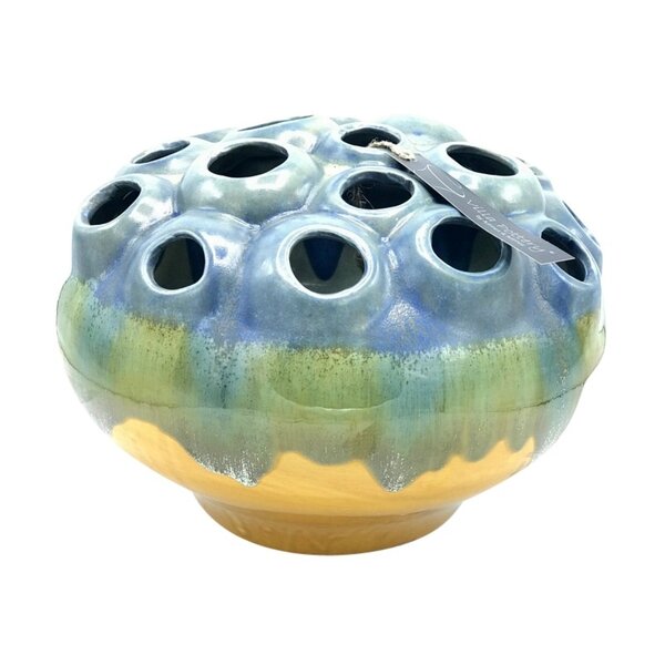 Villa Pottery  Cognac geel blauwe vaas Coral D30 x H22