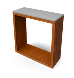 Egura Cortenstaal Houtopslag, afgewerkt met wit natuursteen blad van 20 mm.