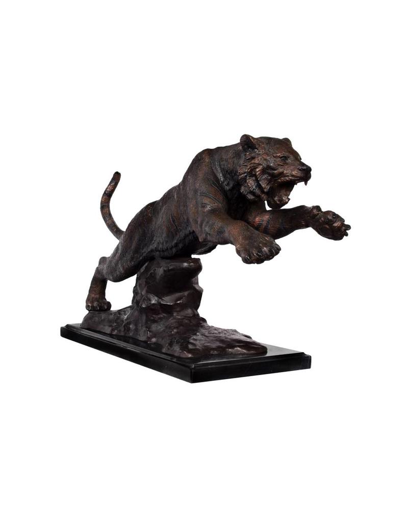 Ares – Bronzeskulptur eines Tigers auf Marmorsockel