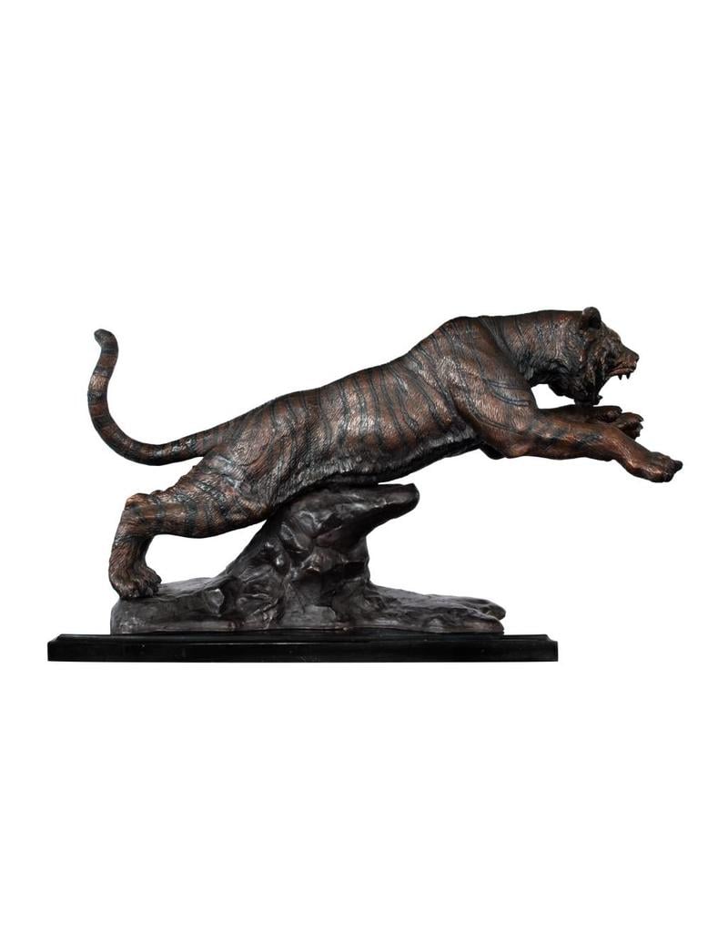 Ares – Bronzeskulptur eines Tigers auf Marmorsockel