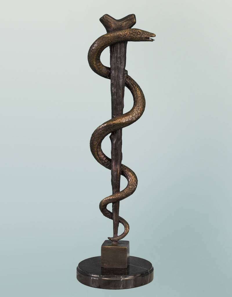 Äskulapstab Bronzestatue auf Marmorsockel - Brontique