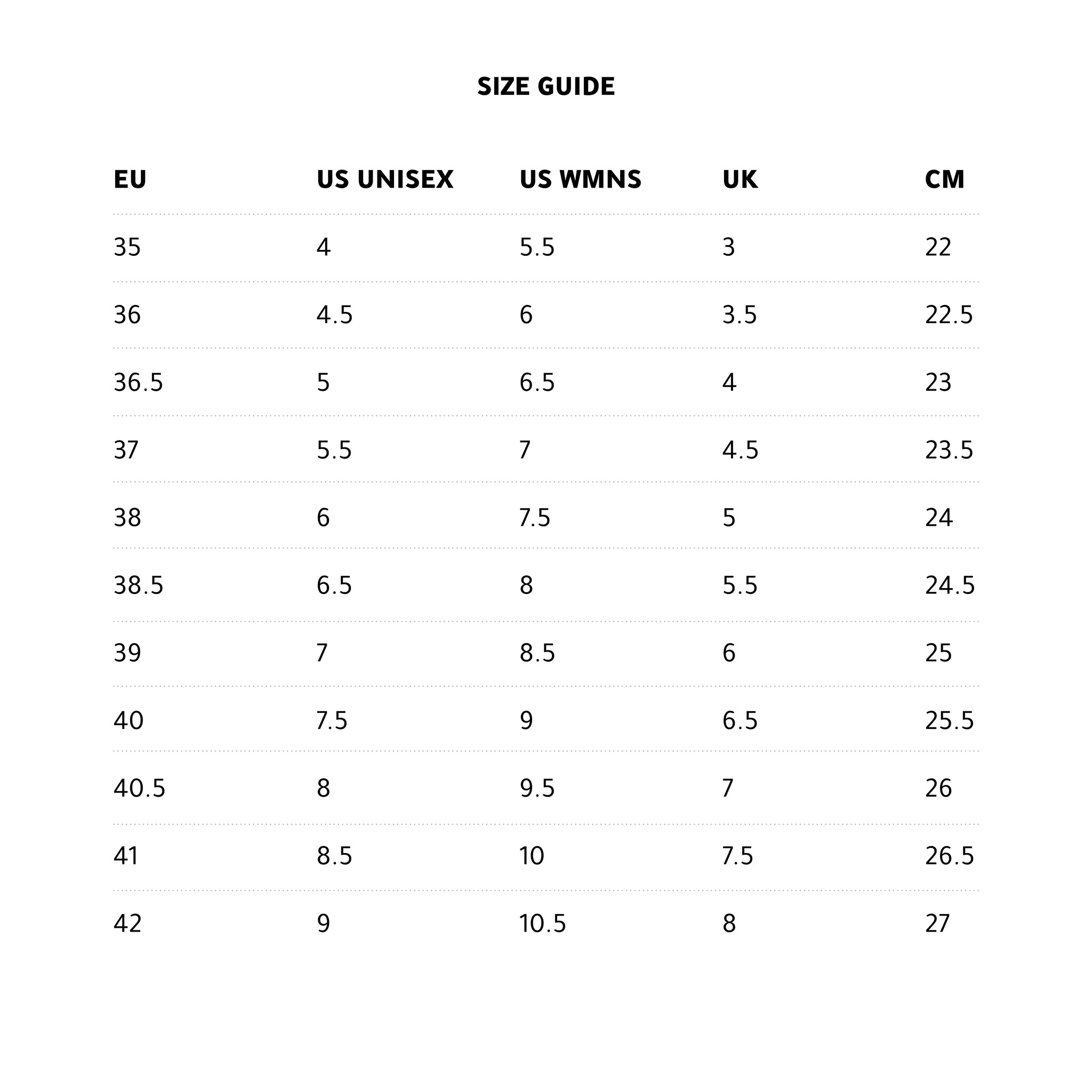 vans vault size chart