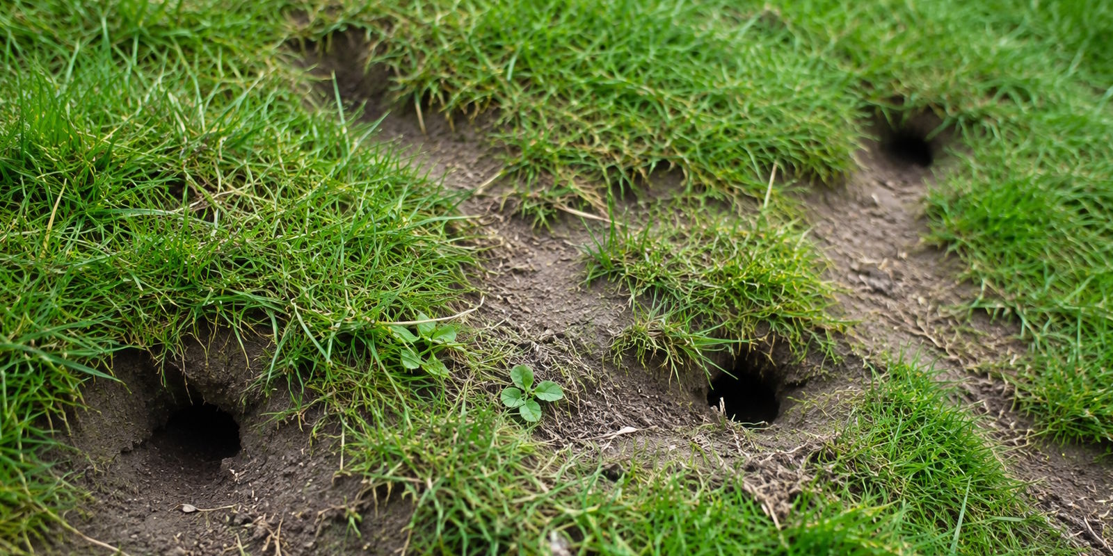 Gaten in gazon door mogelijke woelrat of veldrat