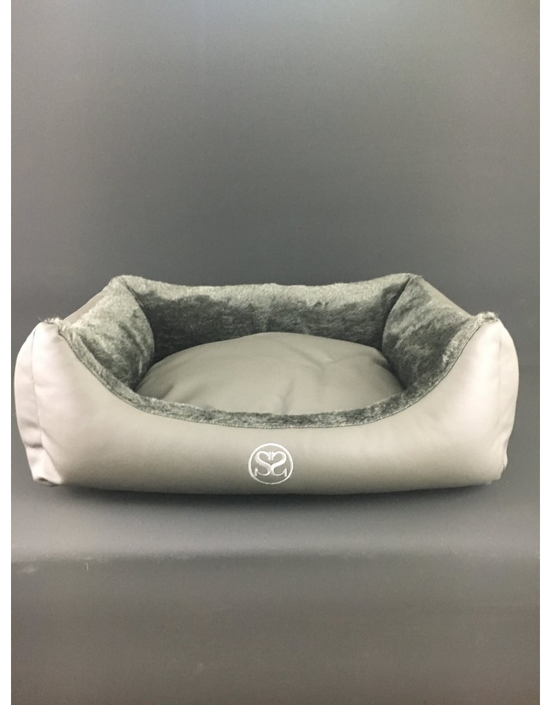 grey leather dog bed