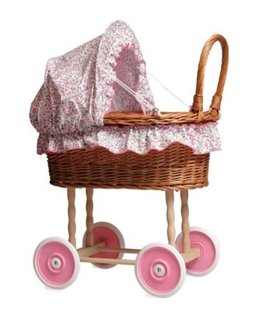 Poppenwagen - Riet - Bloem bekleding - 44x27x58cm