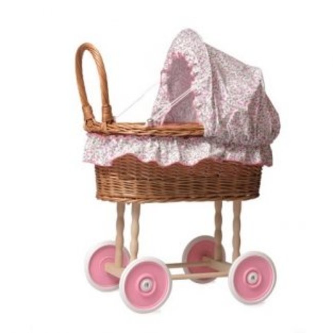 Poppenwagen - Riet - Bloem bekleding - 44x27x58cm
