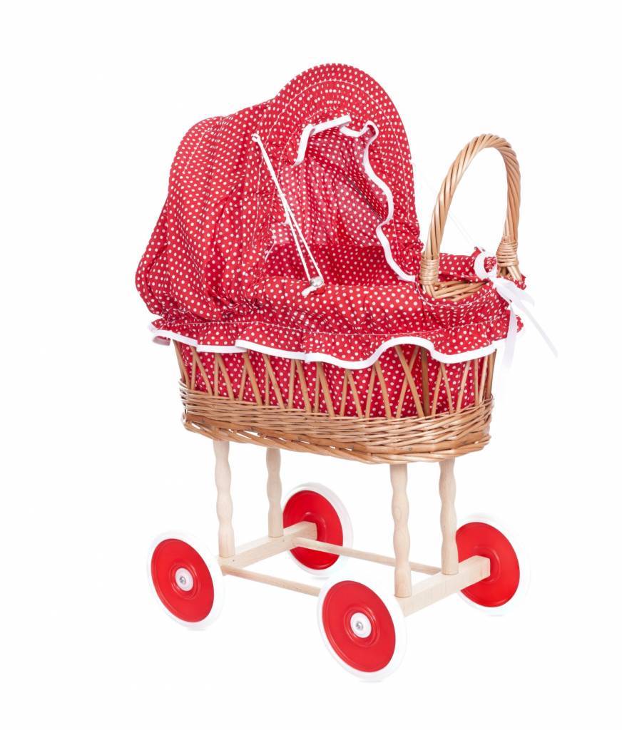 Poppenwagen - Riet - Rood - Witte stippen