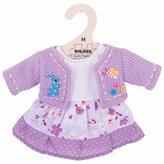 BigJigs Poppenkleren - Bloemenjurk & vest - Lila - 30cm