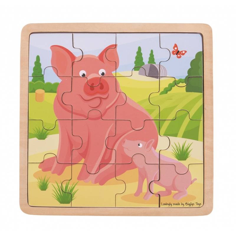 Puzzel - Varken & biggetje - Hout - 18x18cm - 16st.