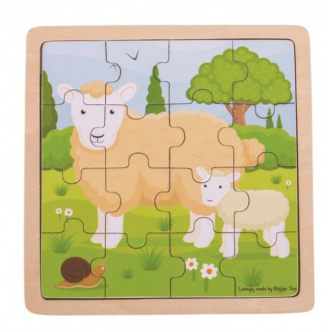 BigJigs Puzzel - Schaap met lammetje - Hout - 18x18cm - 16st.