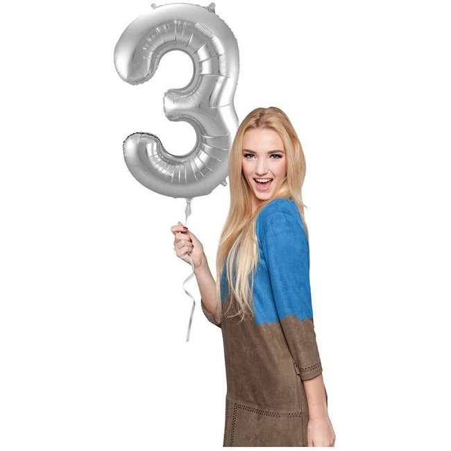 Folat Folieballon - Cijfer - 3 - Zilver - 86cm - Zonder vulling