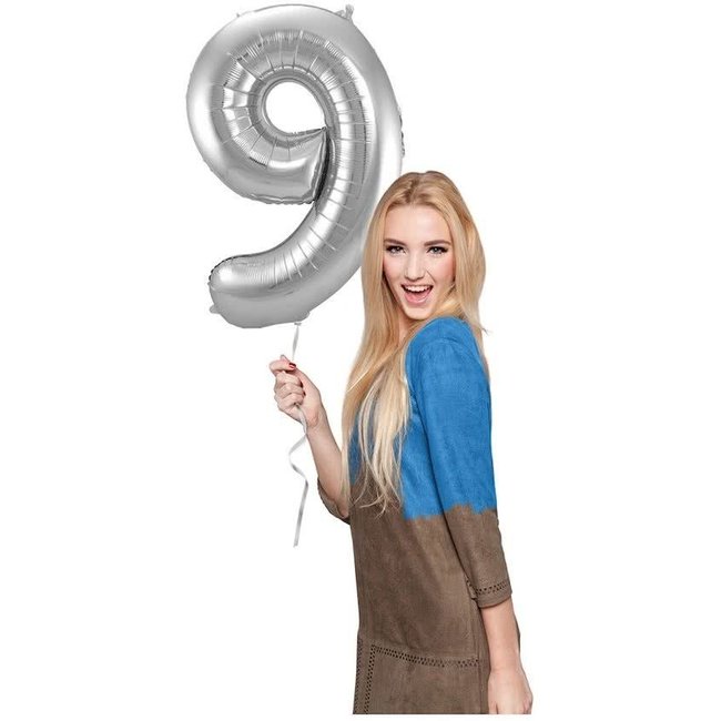 Folat Folieballon - Cijfer - 9 - Zilver - 86cm - Zonder vulling