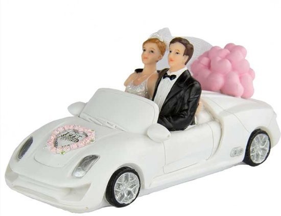 Trouwbeeldje - Caketopper - Beeldje - Bruidspaar in cabriolet - 7x15cm.