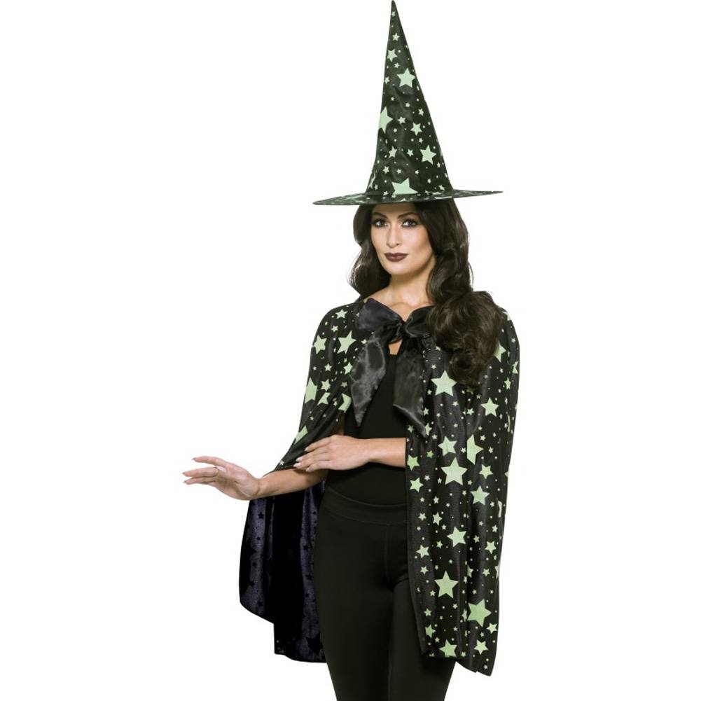 Heks - Kostuum - Cape & hoed - Sterren - Glow in the dark - M/L