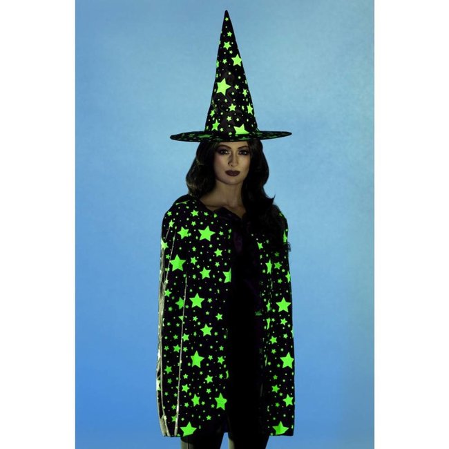 Smiffys Kostuum - Heks - Cape & hoed - Sterren - Glow in the dark - M/L