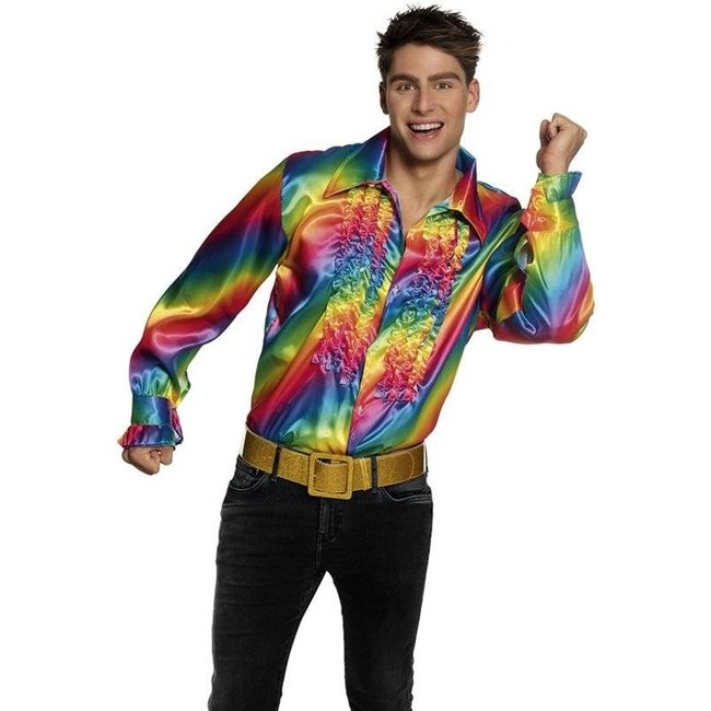 PartyXplosion Kostuum - Disco - Blouse - Regenboog - Met ruches - M / L