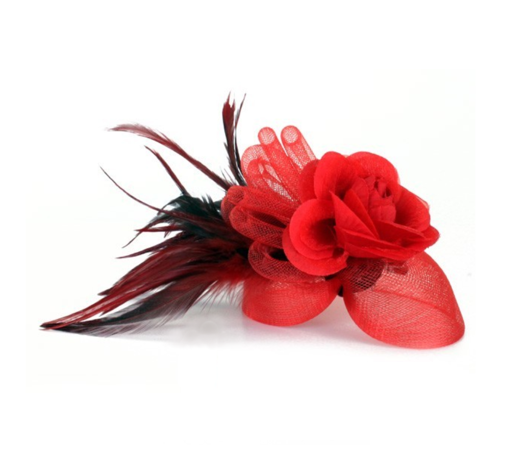 Broche - Bloem, tube & veertjes - Rood - Met speld & clip