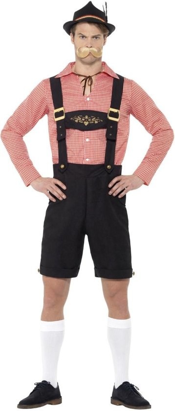 Kostuum - Oktoberfest - Tirol - Lederhose & shirt - Rood, zwart - XL