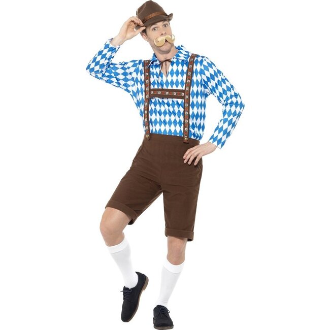 Smiffys Oktoberfest - Kostuum - Lederhose & shirt - Oktoberfest - Bruin, blauw - L