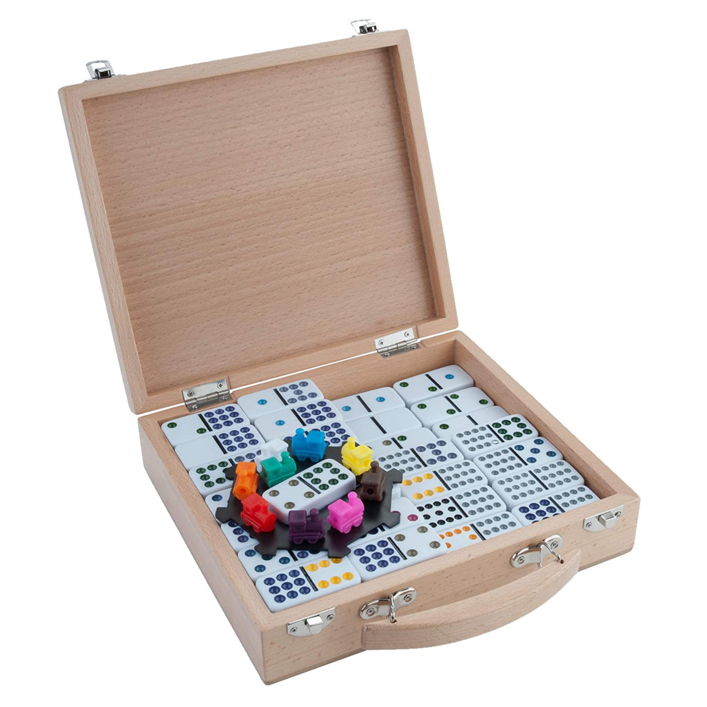 Spel - Domino - Dubbel 12 - Mexican train - In beukenhouten koffer