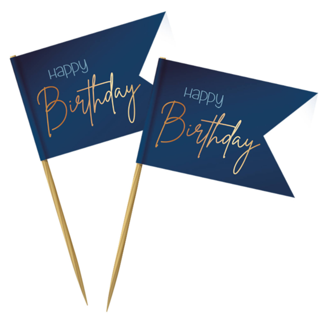 Folat Cocktailprikkers - Happy Birthday - Luxe - Blauw, goud - 36st