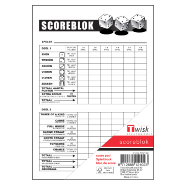 Twisk Scoreblok - Yathzee - Blok 100 vel