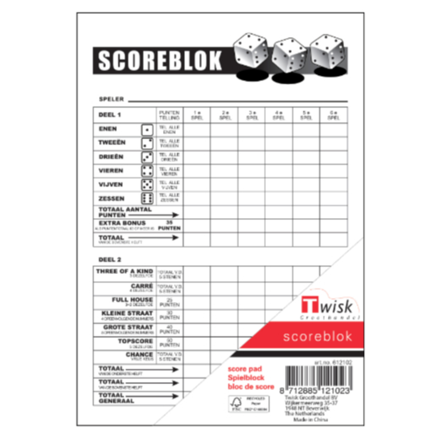 Scoreblok - Yahtzee - Blok 100 vel