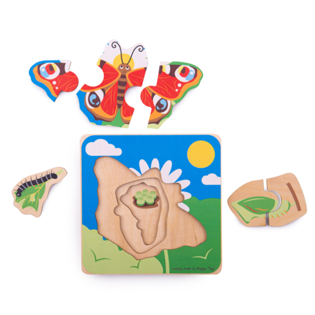 BigJigs Puzzel - Van rupsenzaad tot vlinder - Levenscyclus - 3 lagen