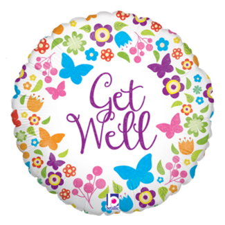 Folieballon - Get well - Bloemen & vlinders - 46cm - Zonder vulling