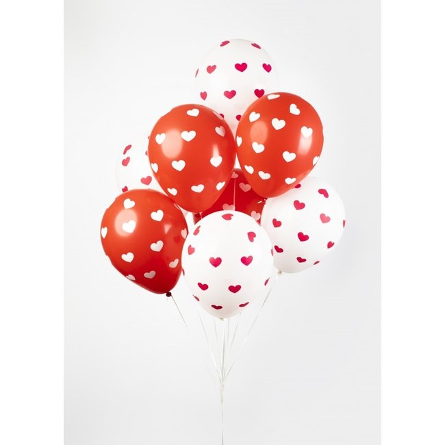 Globos Ballonnen - Met hartjes - Rood, wit - 30cm - 8st.
