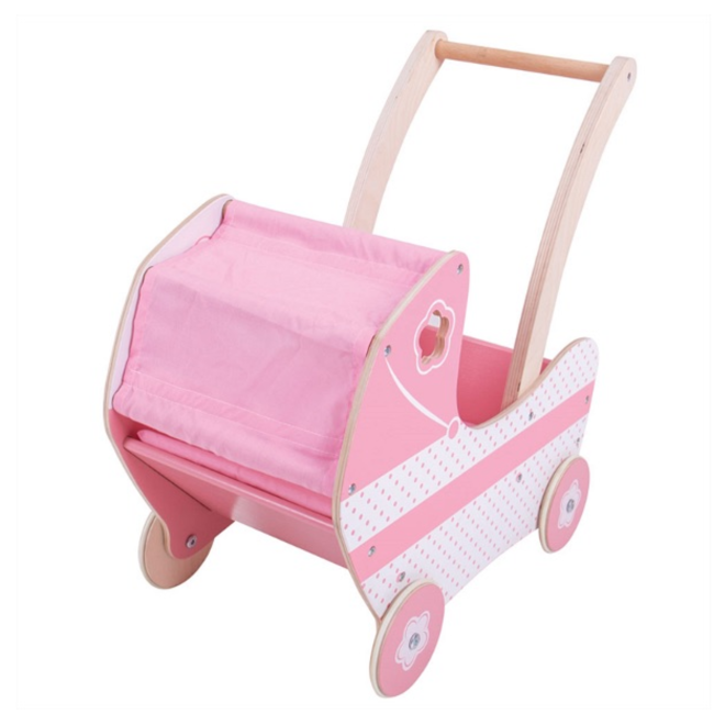 BigJigs Poppenwagen - Hout - Roze wit - Stoffen kap - Met matrasje - 46x47x29cm