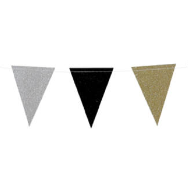 Folat Vlaggenlijn - Mini - Glitter - Goud, zilver, zwart - Papier - 2m