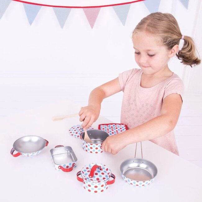 BigJigs Pannenset - Metaal - Met rode & blauwe stippen - Incl. accessoires - 10dlg.
